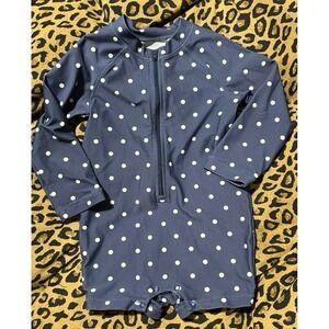 Primary Navy Blue Polka Dot Unisex Baby One Piece LS Rashguard Swimsuit, 12-18Mo